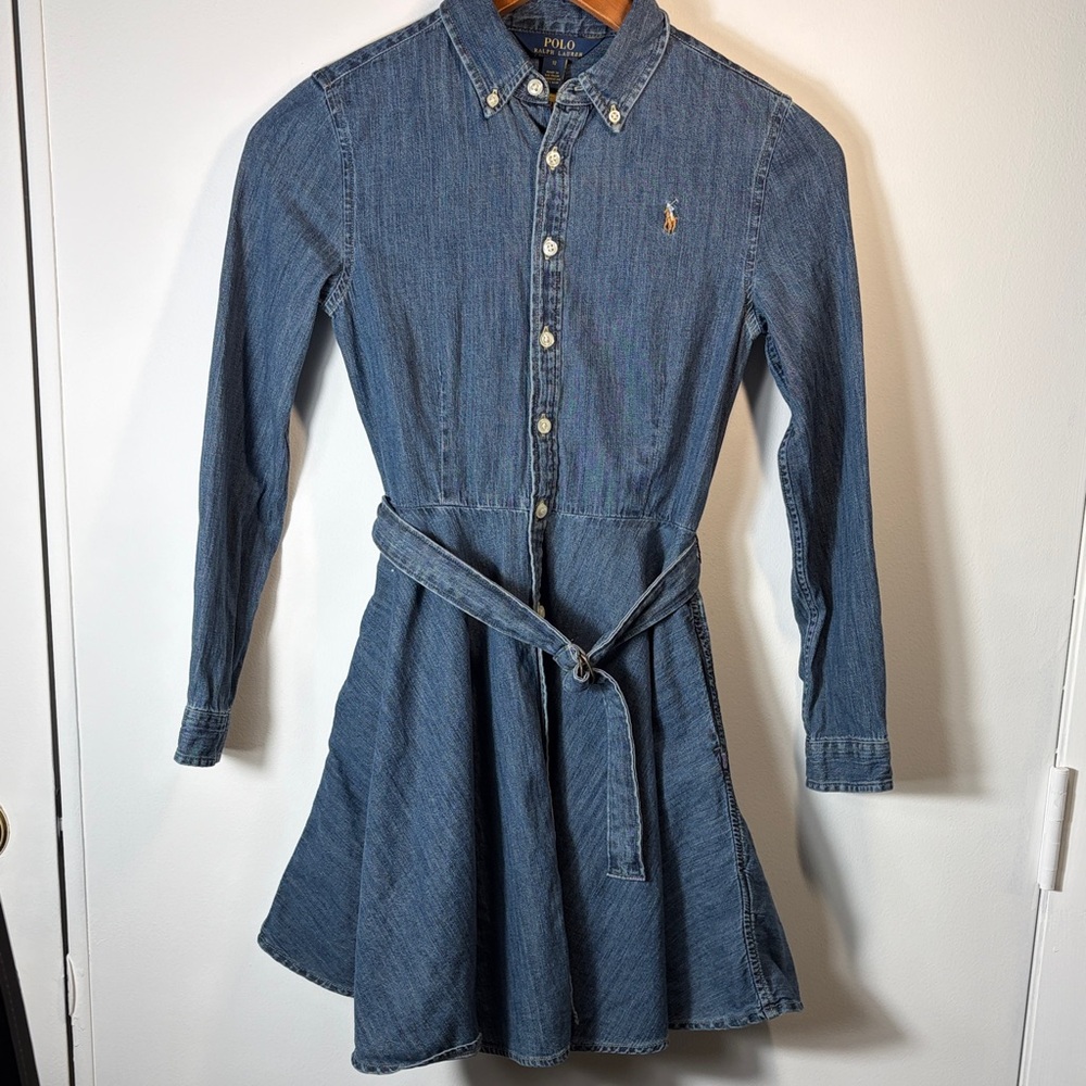 Polo Ralph Lauren Girls Denim Shirt Dress Belted Button Front Size 12